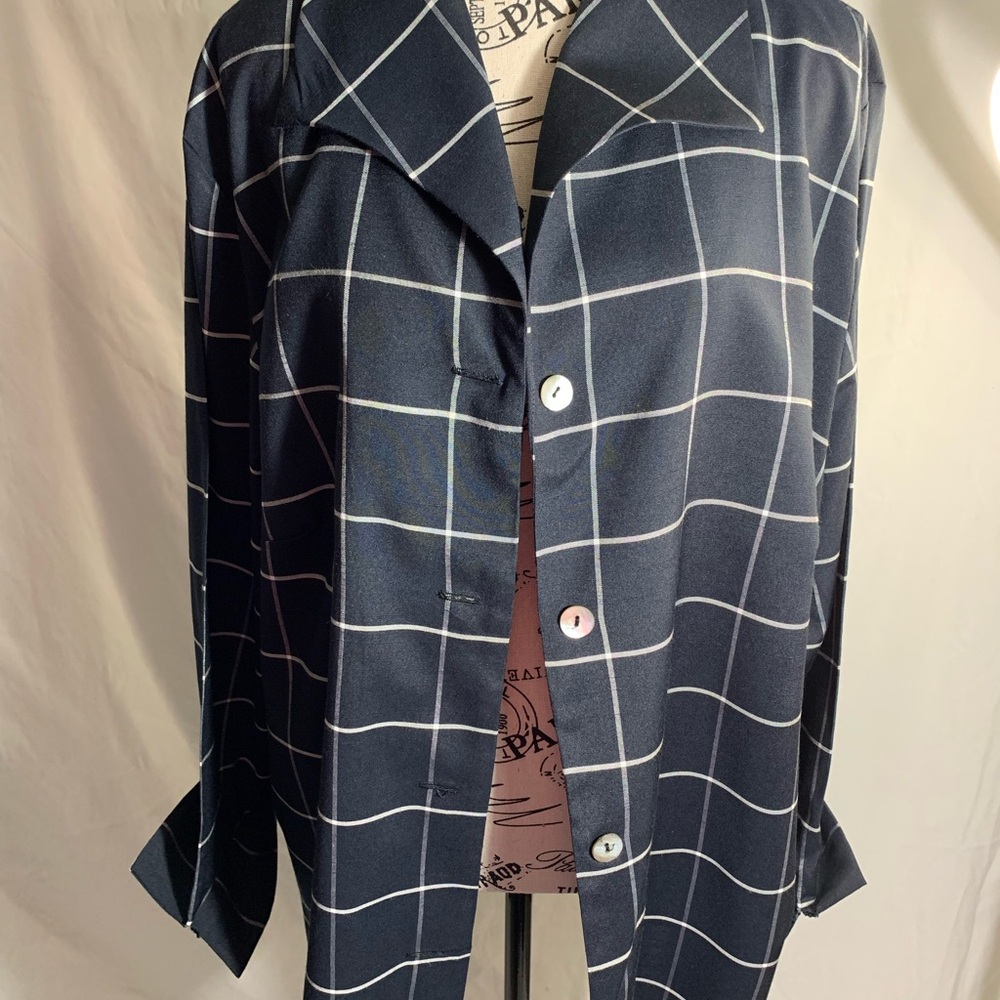 Maggie Barnes Navy and White Checkered Button Down Women’s Shacket.